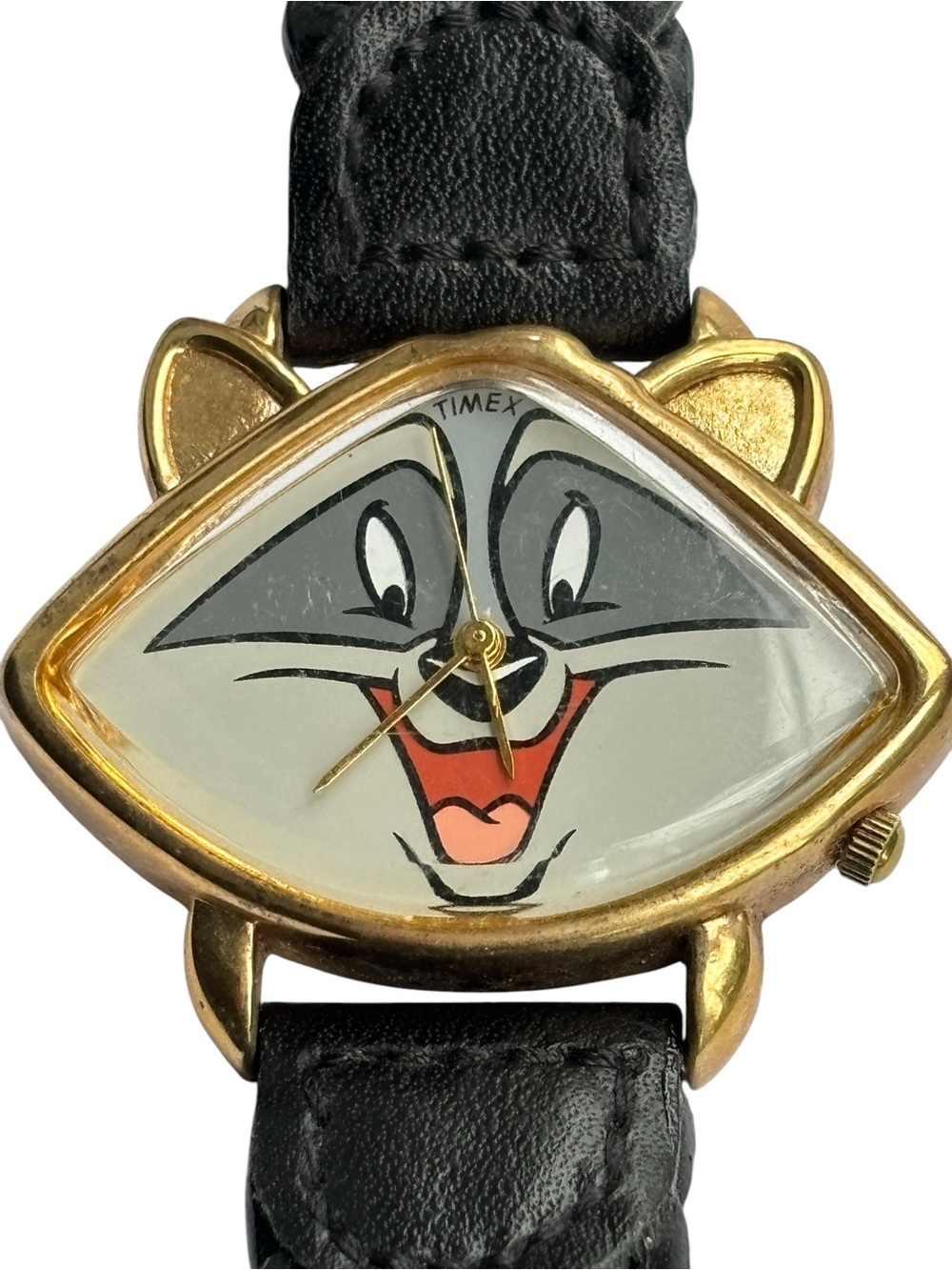 Timex Disney Meeko Raccoon Vintage Watch Gold Tone Black Leather Pocahontas 90s